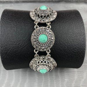 Bohemian Faux Turquoise & Faux Black Diamond Silver Tone Bracelet Southwestern